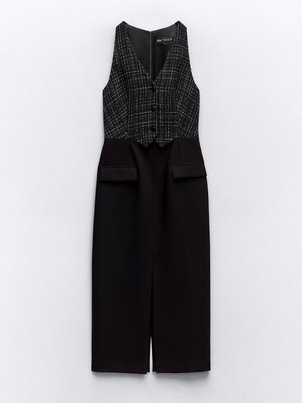 Zara Black Tweed-Top Jumpsuit with Flap Pockets